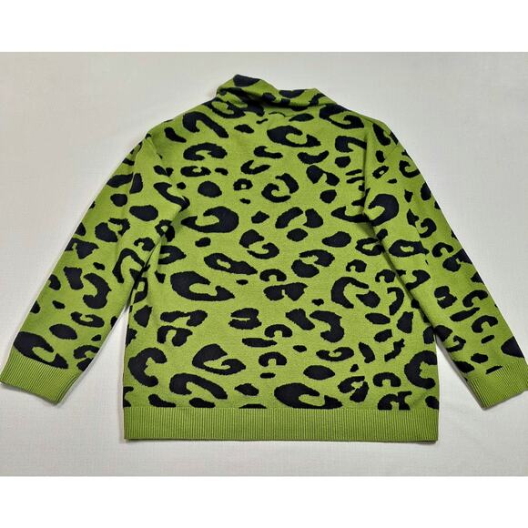 Women's Large Sweater Lime Green/Black Leopard Print Quarter Zip Neckline - Picture 4 of 11